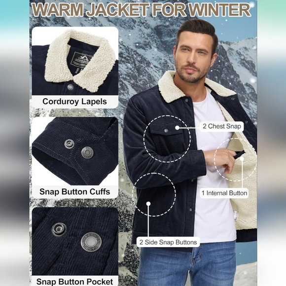 Tacvasen Mens Corduroy Jacket Fleece Sherpa Lined Navy Size Large - Picture 2 of 8